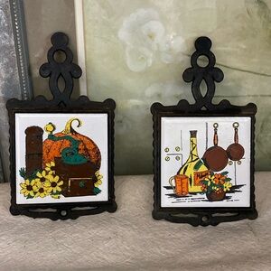 Vtg Cast Iron 2 Tile Trivets Taiwan Pumpkin Coffee Grinder Daisies Copper Pans
